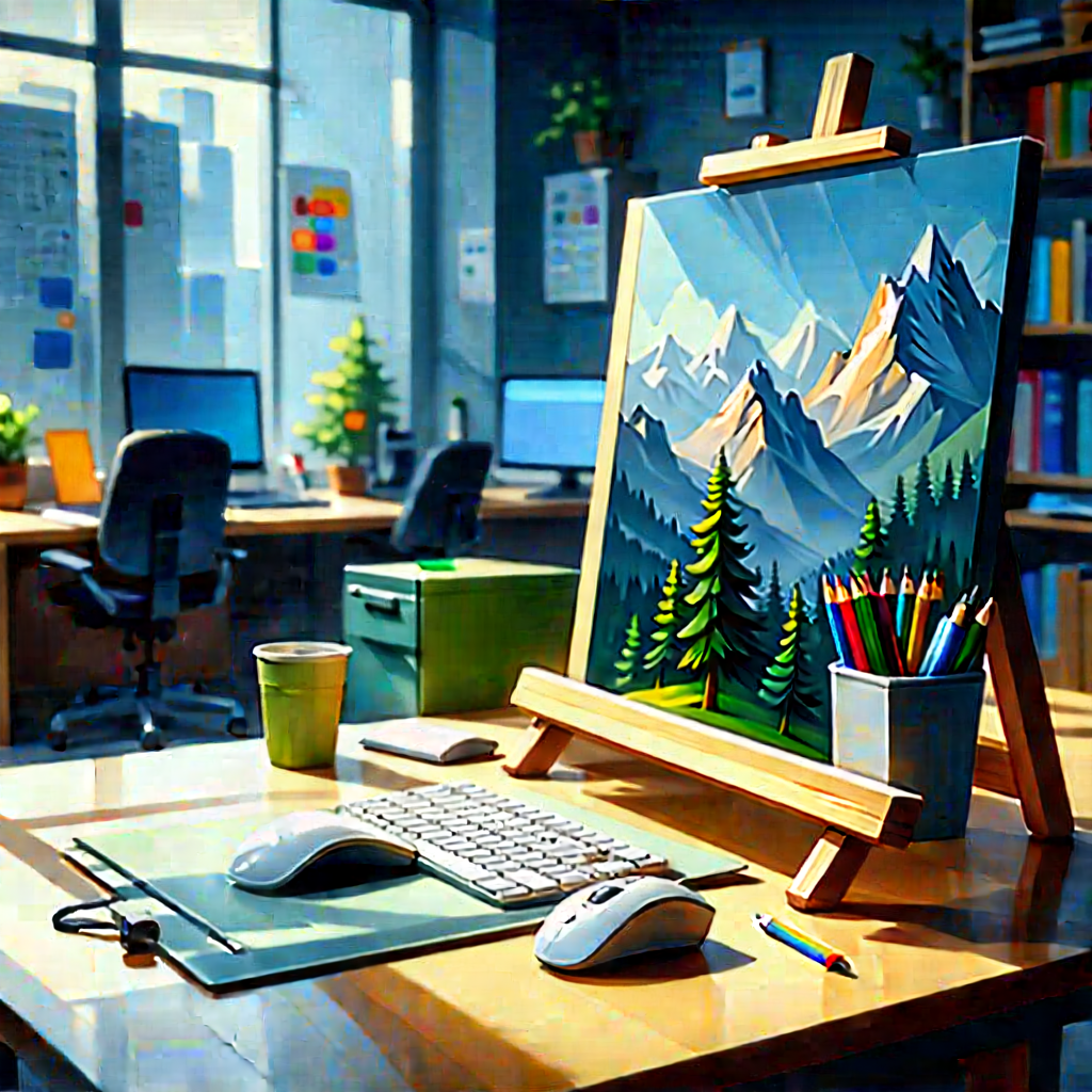 Educational Technology In Tech Office With Painting Mountain