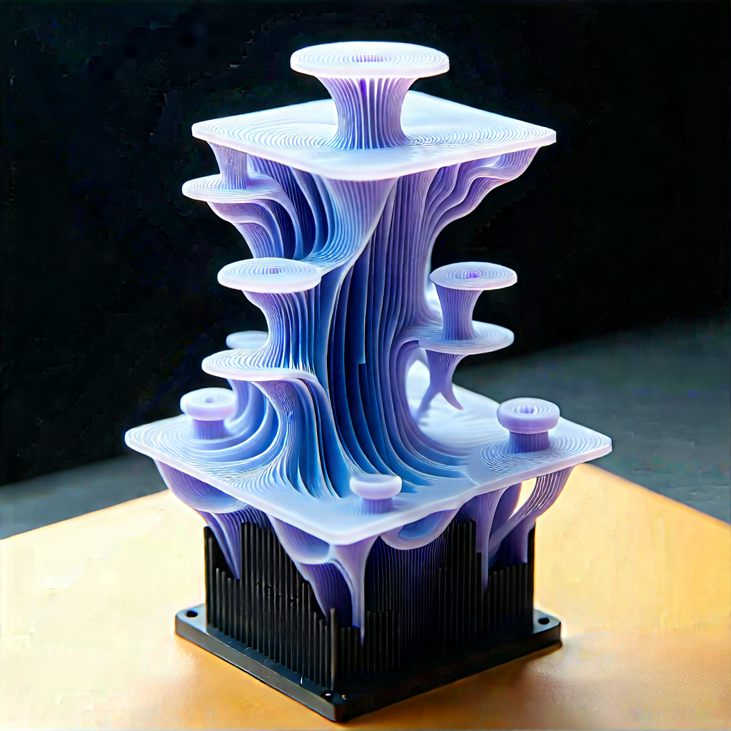 3d Printer With Data Streams With Purple Sculpture
