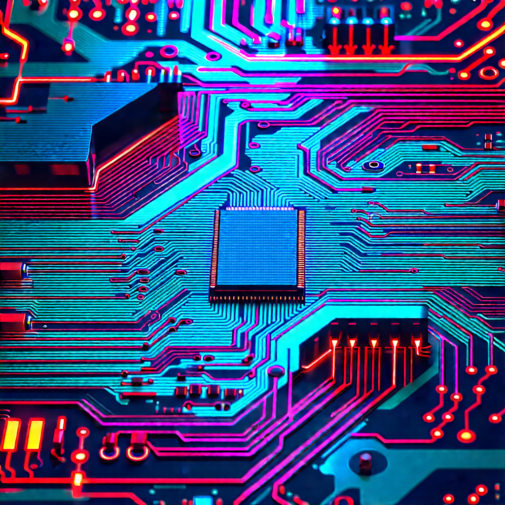 Circuit Board With Neon Accents With Close-up Computer