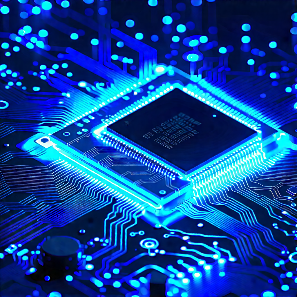 Circuit board with blue light glow