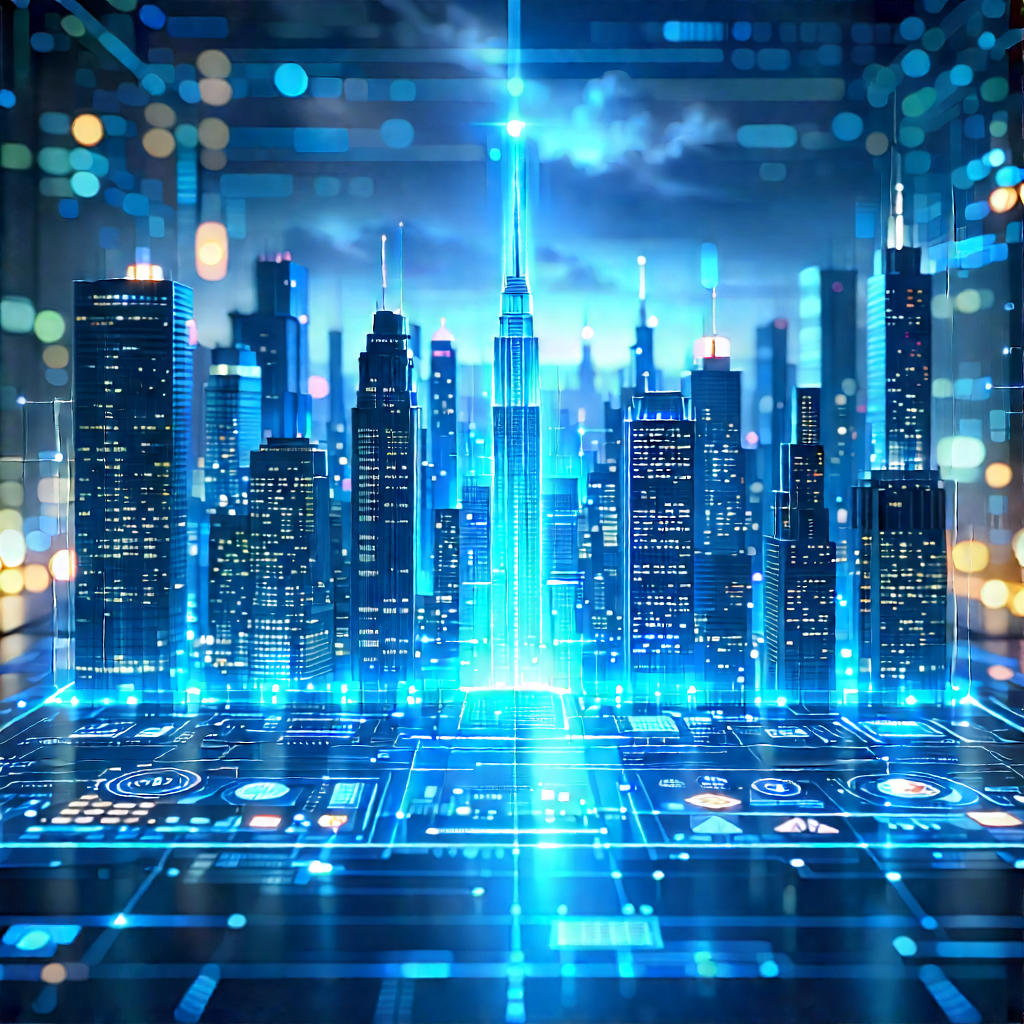 Financial Technology In Tech Office With Futuristic Cityscape
