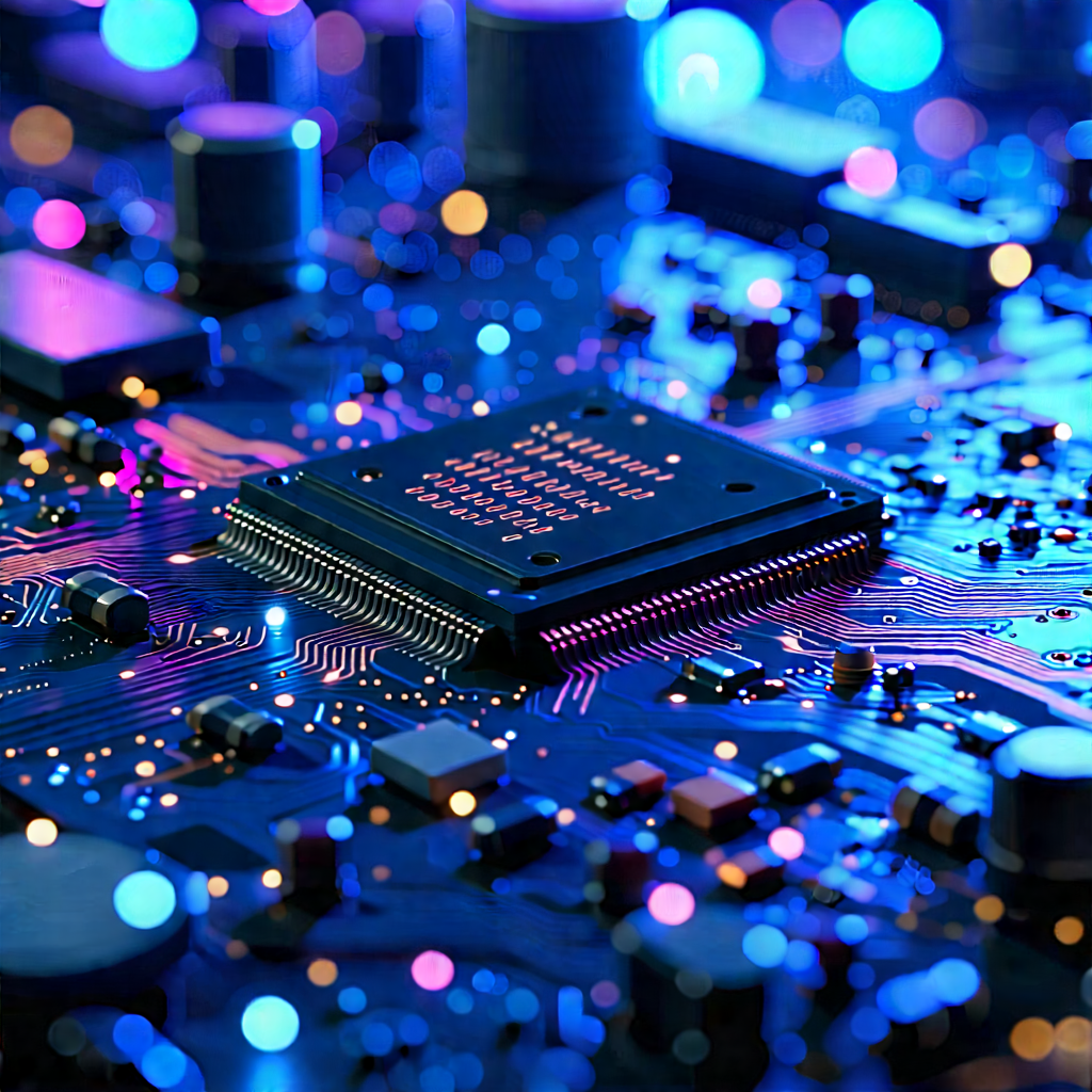 Circuit Board With Neon Accents With Computer Chip