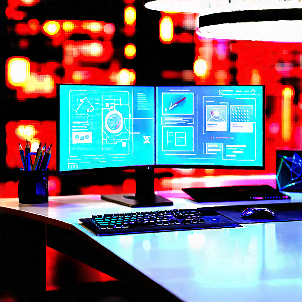 Futuristic Digital Workspace With Computer Desk