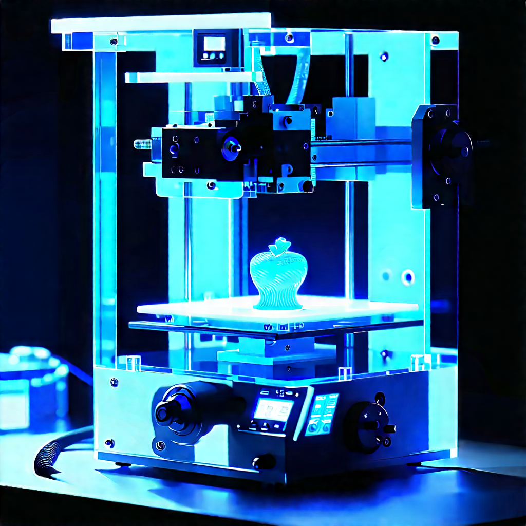 3d printer with blue light glow