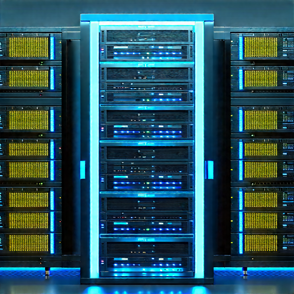 Server rack with blue light glow