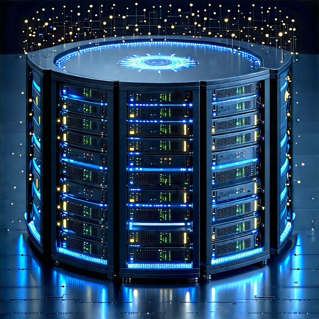 Server Rack With Digital Particles With Large Blue