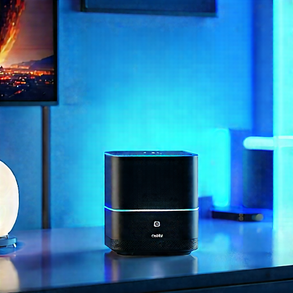 Smart Home Device With Glowing Screen With Black Speaker