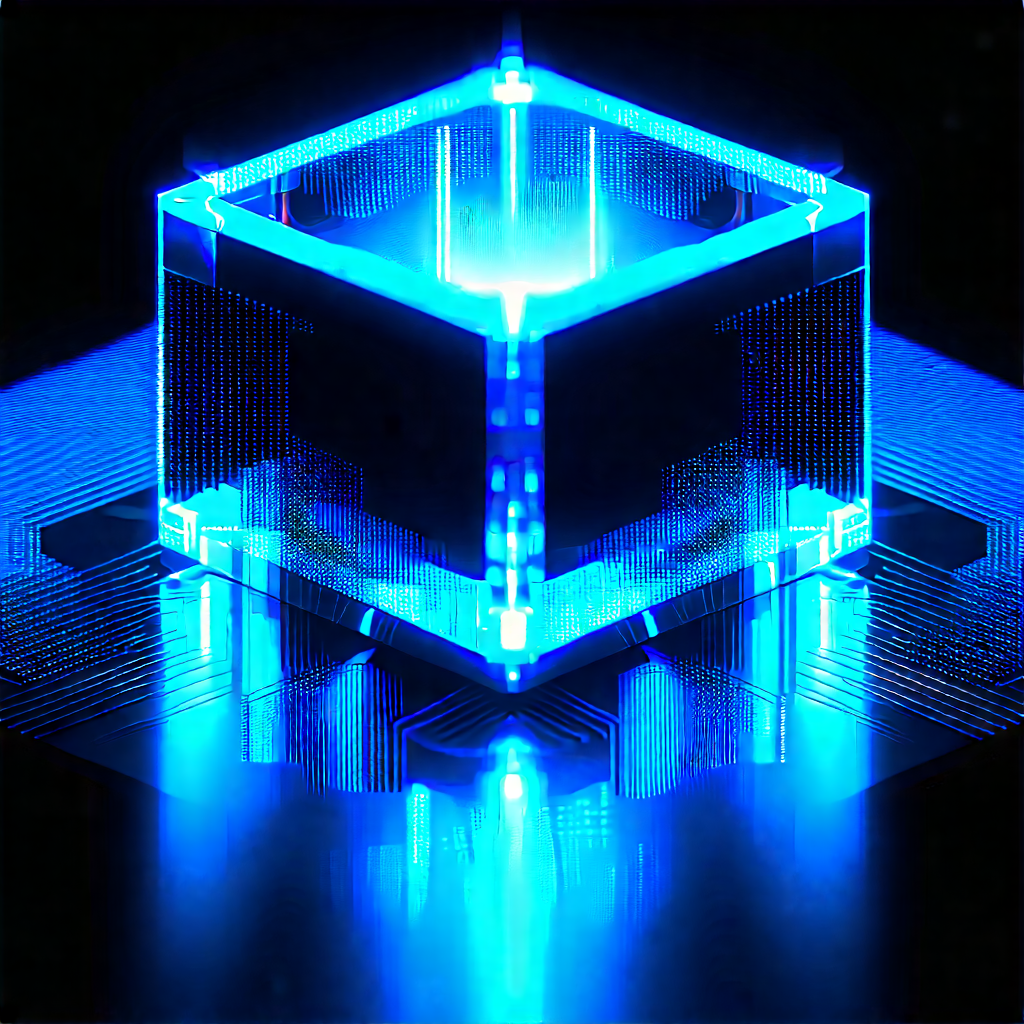 Quantum Computer With Blue Light Glow With Blue Cube