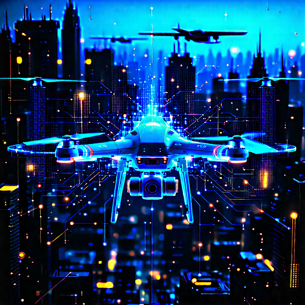 Drone With Data Visualization With Futuristic Cityscape