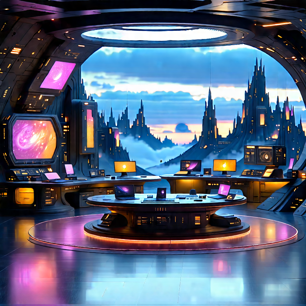 (futuristic:1.2) Tech Startup Office With Futuristic Setting,