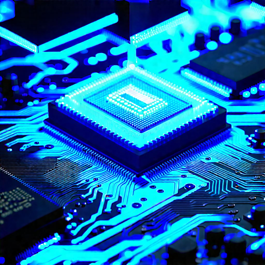Circuit board with blue light glow