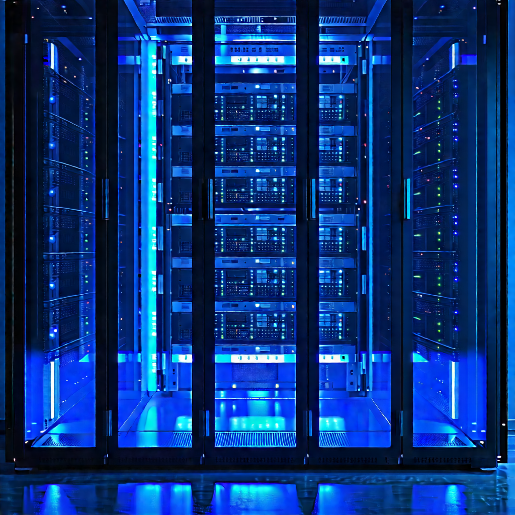 Server rack with blue light (glow:1.35)