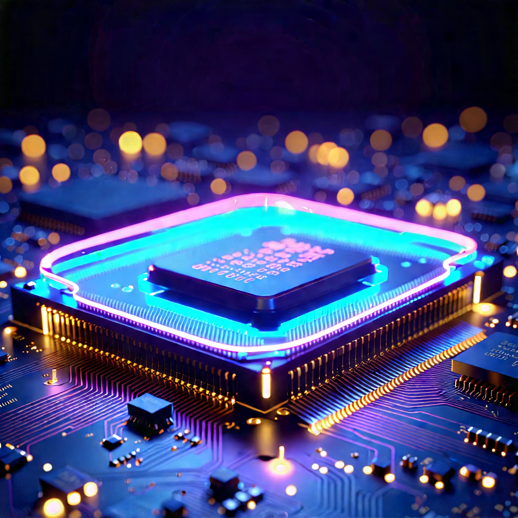 Microchip With Neon Accents With Close-up Computer