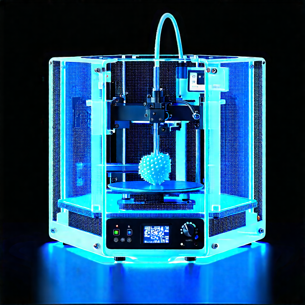 3d printer with blue light glow