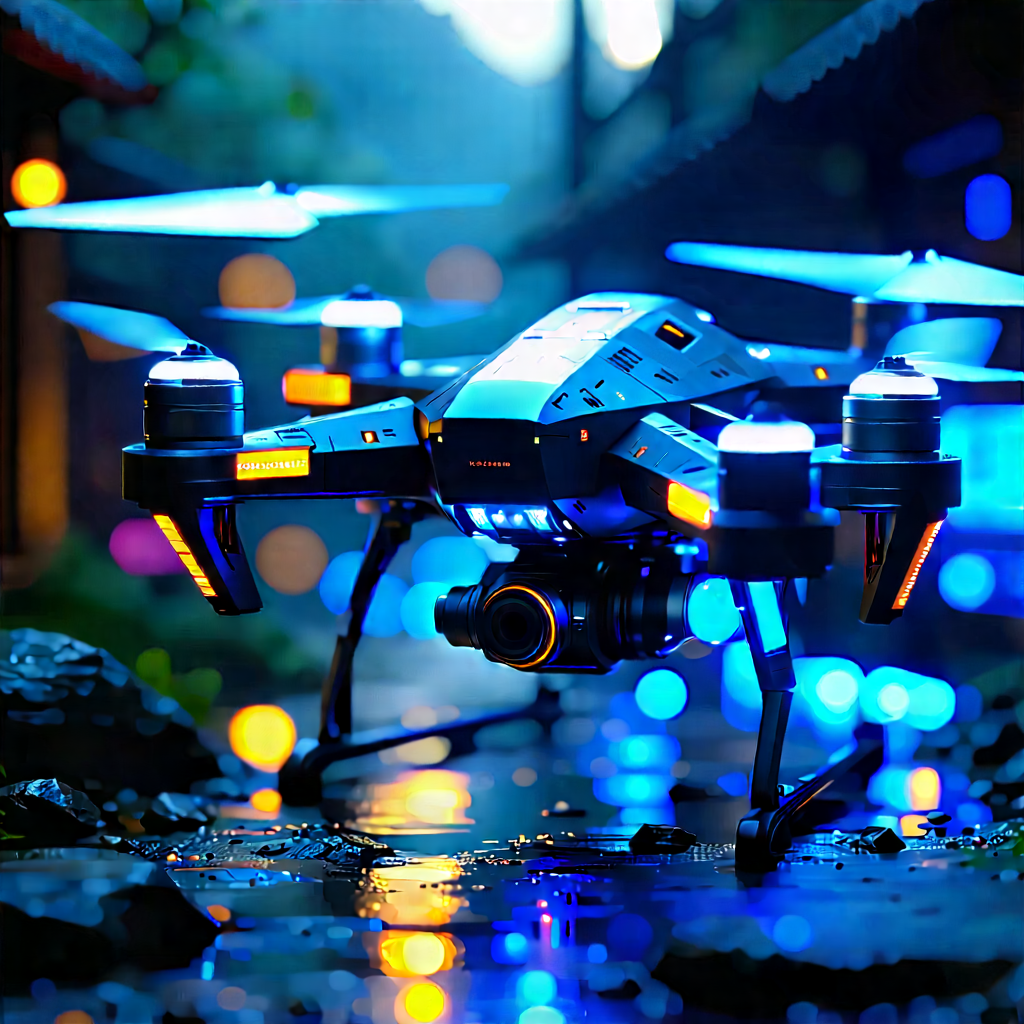 Drone With Data Visualization With Blue Black