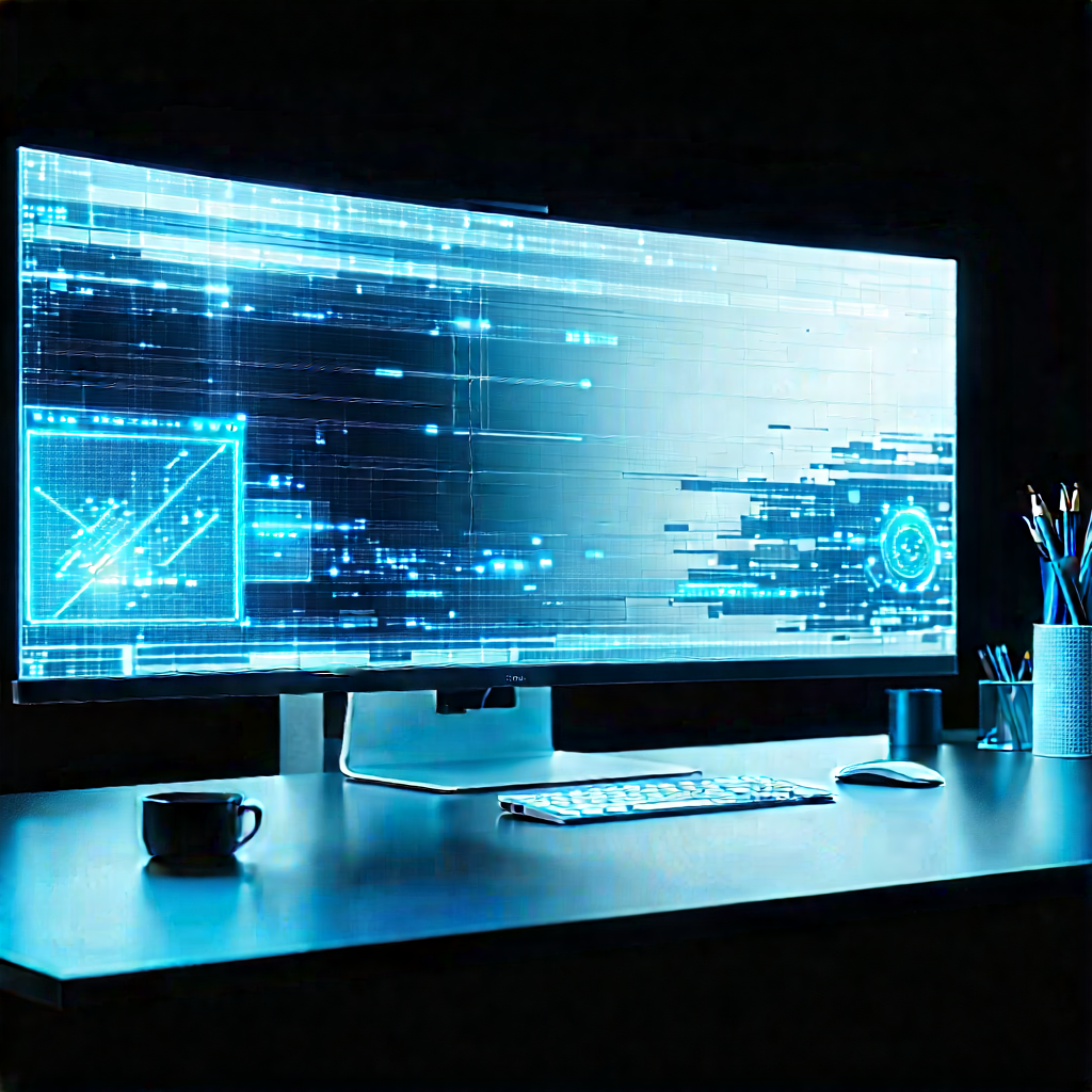 (futuristic:1.41) Digital Workspace With Large Computer