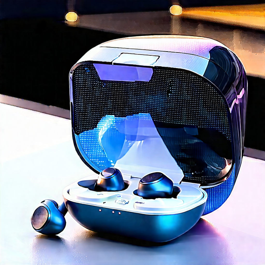Wireless Earbuds With Holographic Display With Small Blue