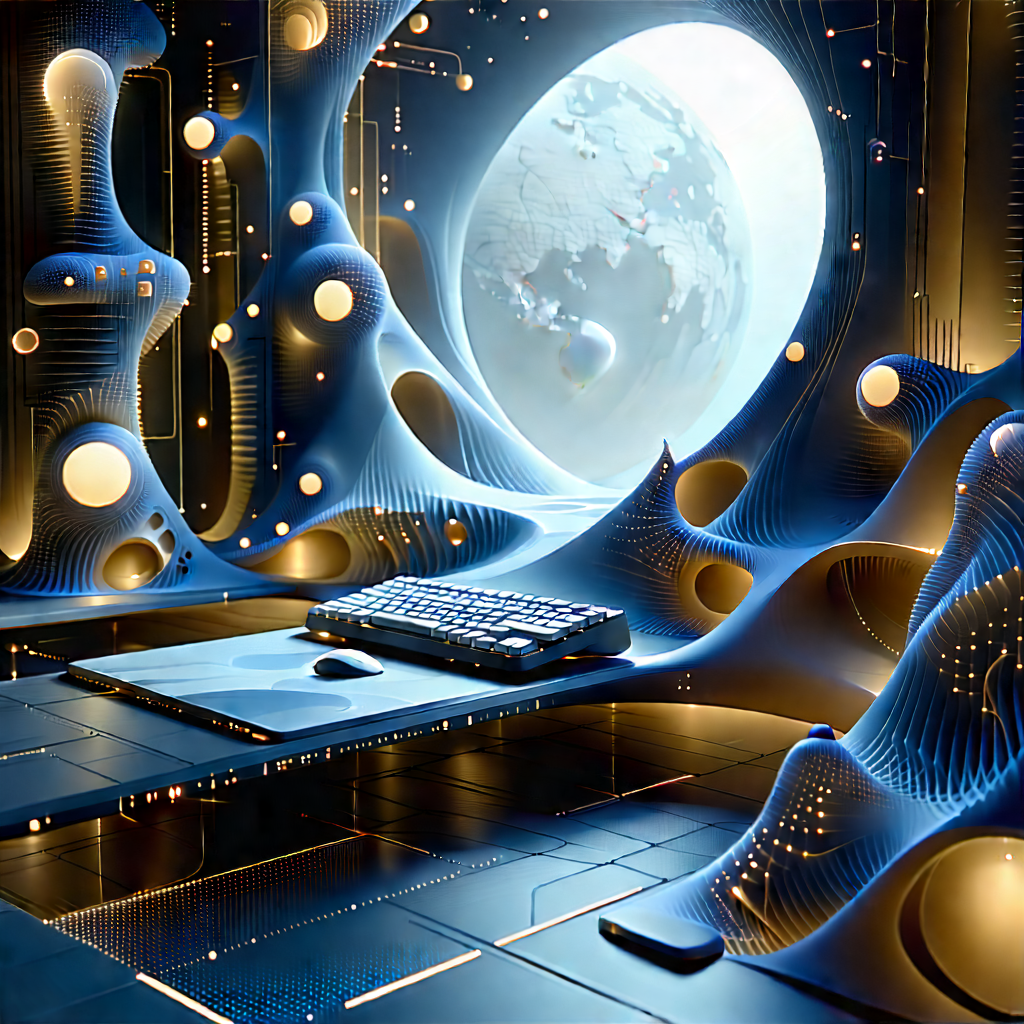 Futuristic (digital:1.22) Workspace With Futuristic Scene,