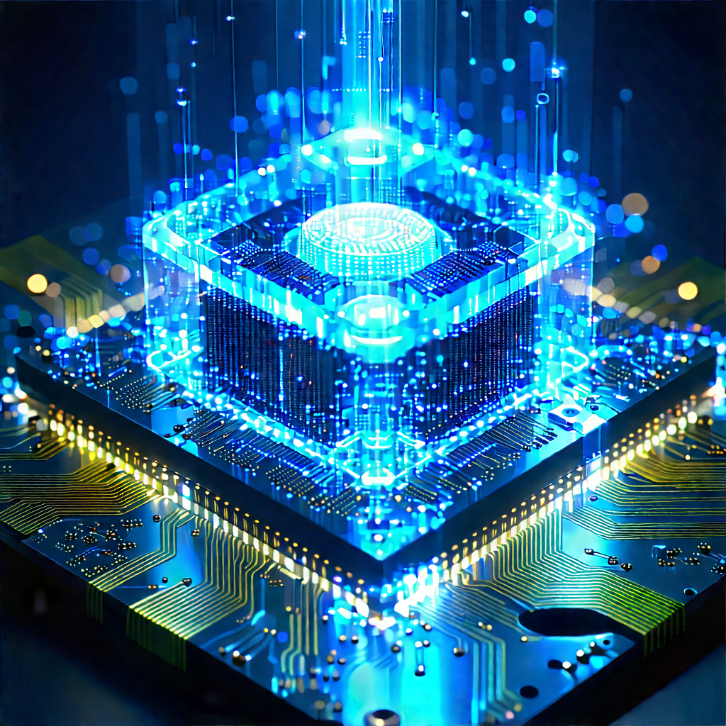 Quantum Computer With Blue Light Glow With Blue White