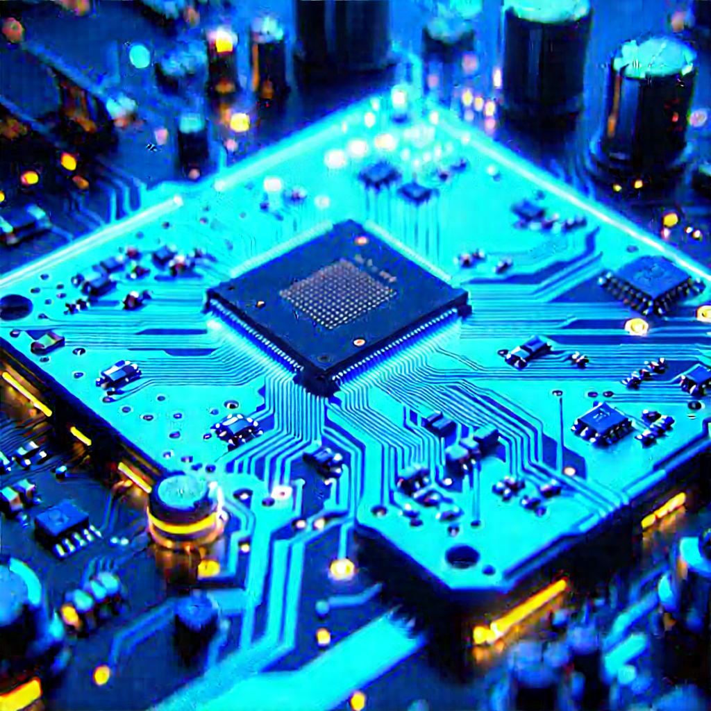 Circuit board with blue light glow