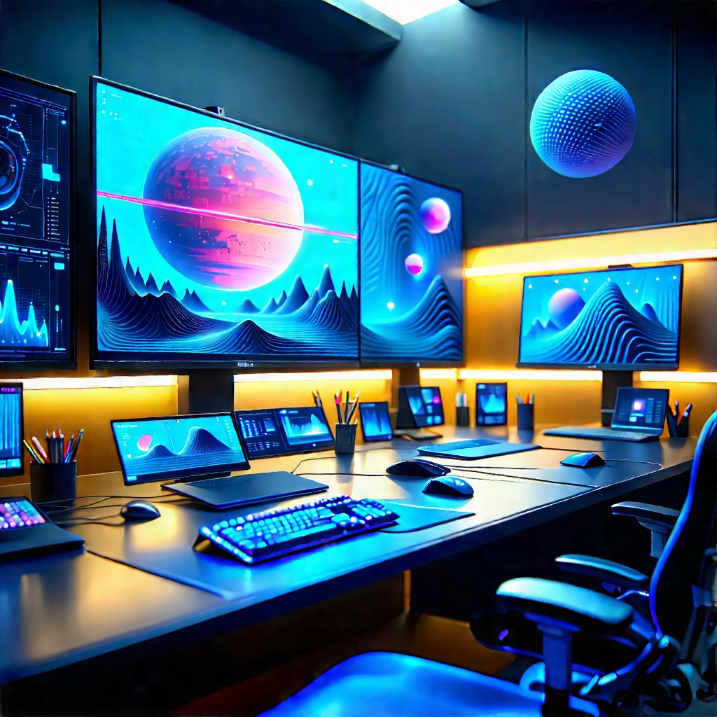 (futuristic:1.5) (digital:1.16) Workspace With Image, There