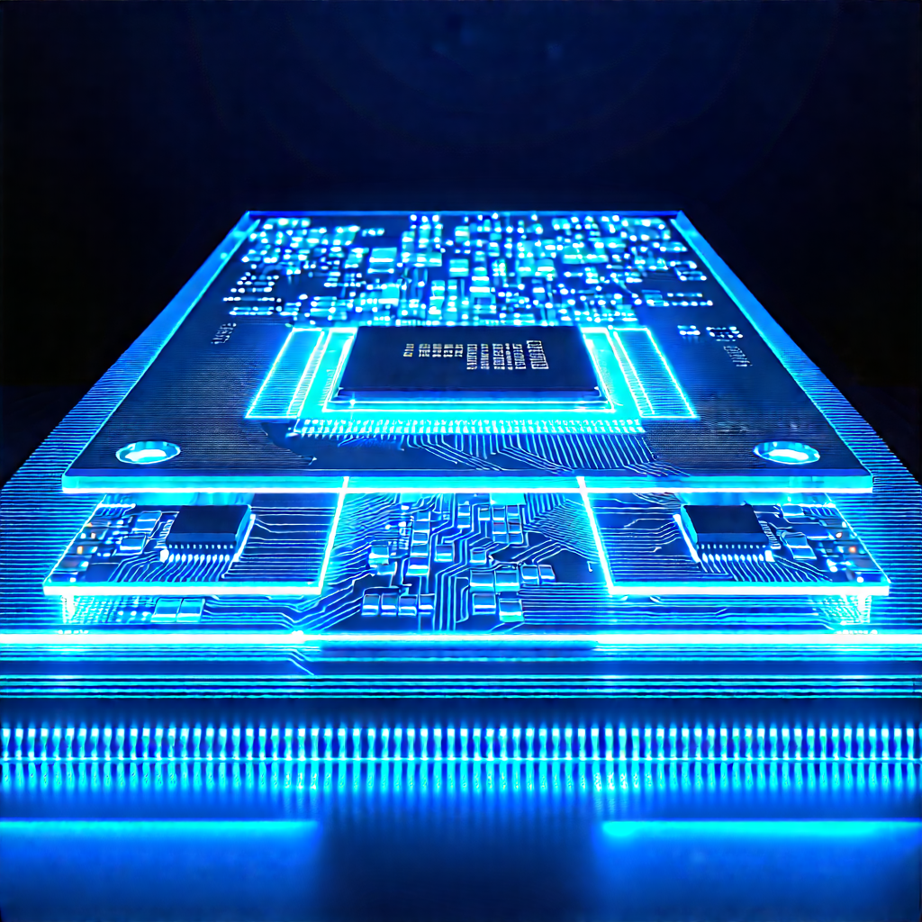 Microchip With Blue Light Glow With Close-up Computer