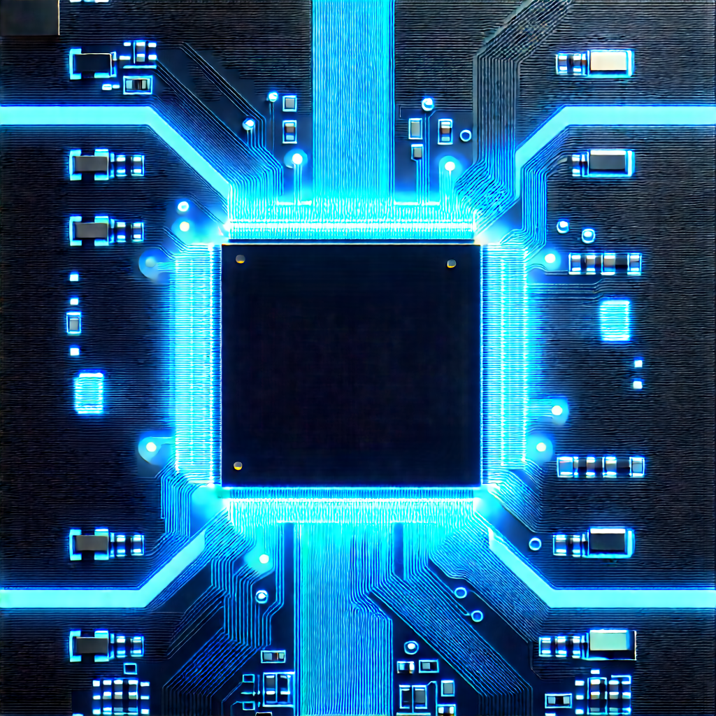 Circuit board with blue light glow