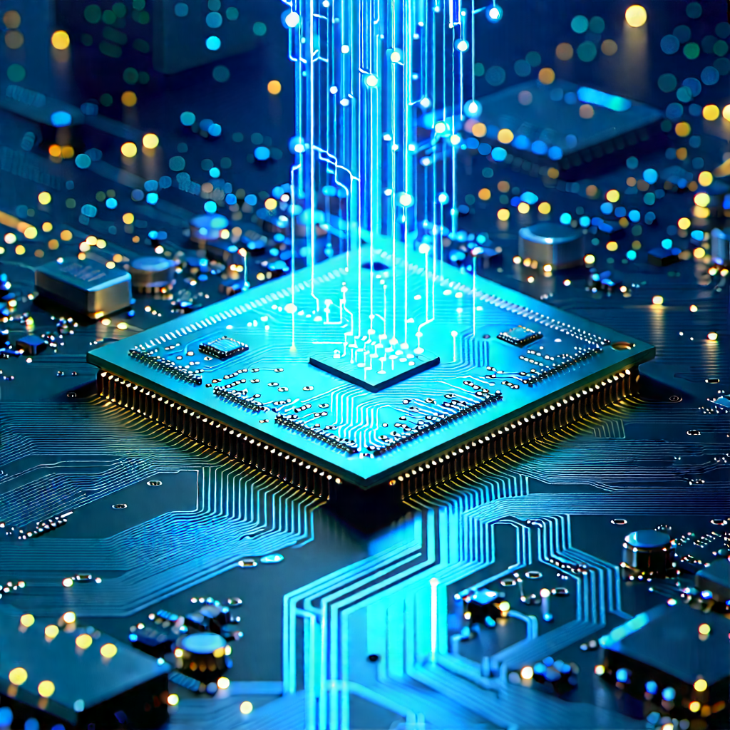 Circuit Board With Data Streams With Close-up Computer