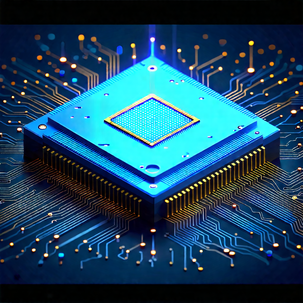 Microchip With Data Streams With Blue Square