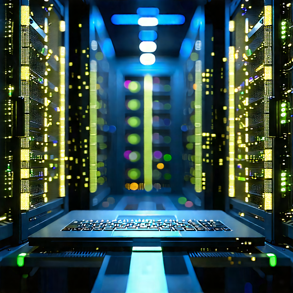 Server Rack With Digital Particles With Laptop Computer