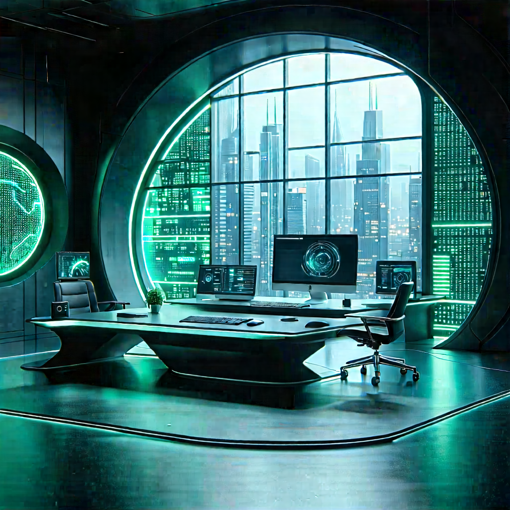 Futuristic (digital:1.32) Workspace With Image, There