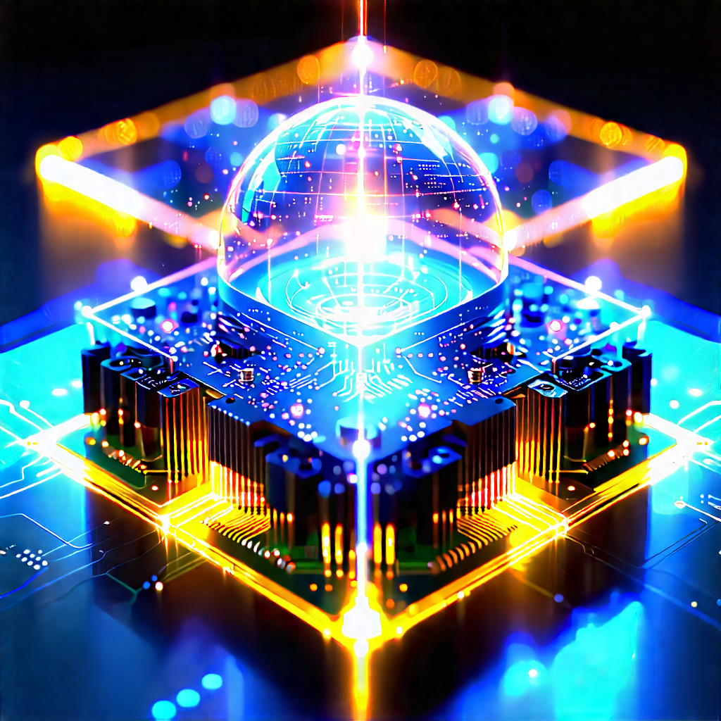 Quantum Computer With Holographic Projection With Futuristic Cityscape