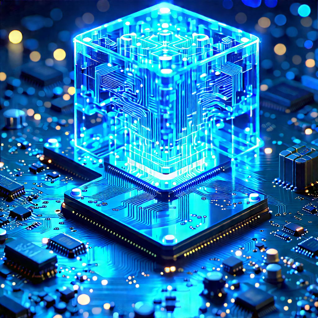 Circuit Board With Blue Light Glow With Blue, Three-dimensional