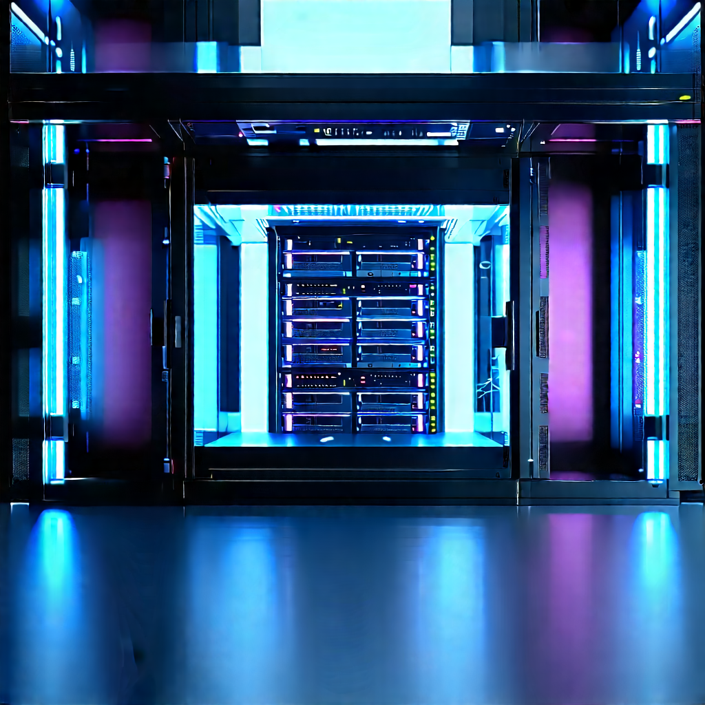 Server Rack With Neon Accents With Large, Blue-lit