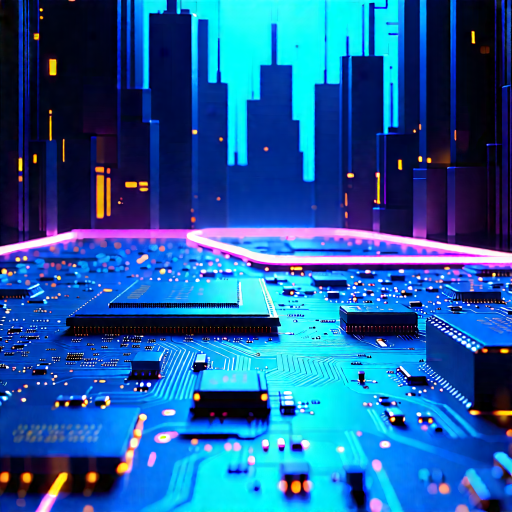 Circuit Board With Neon Accents With Futuristic Cityscape