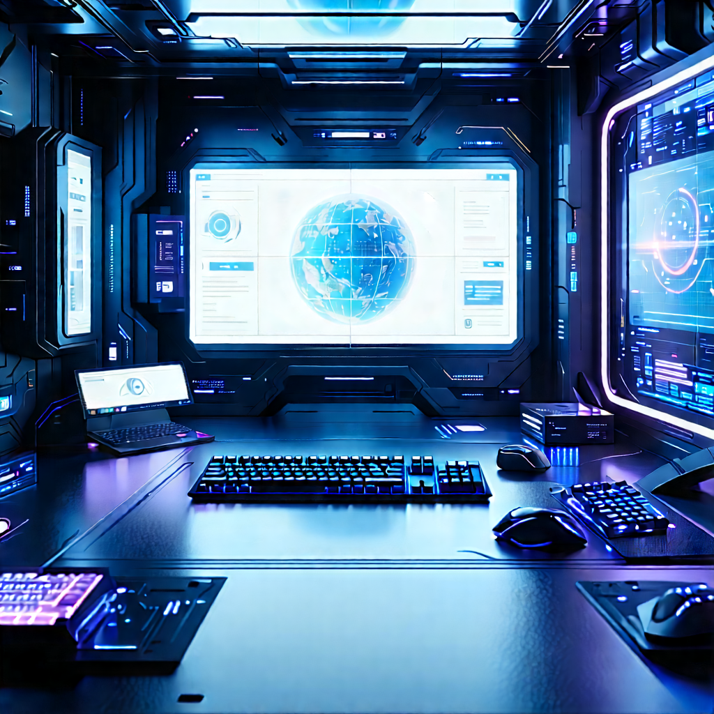 (futuristic:1.35) (digital:1.22) Workspace With Image, There