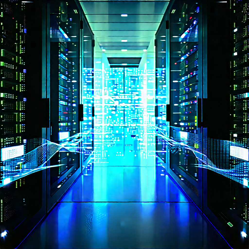 Server rack with blue light glow