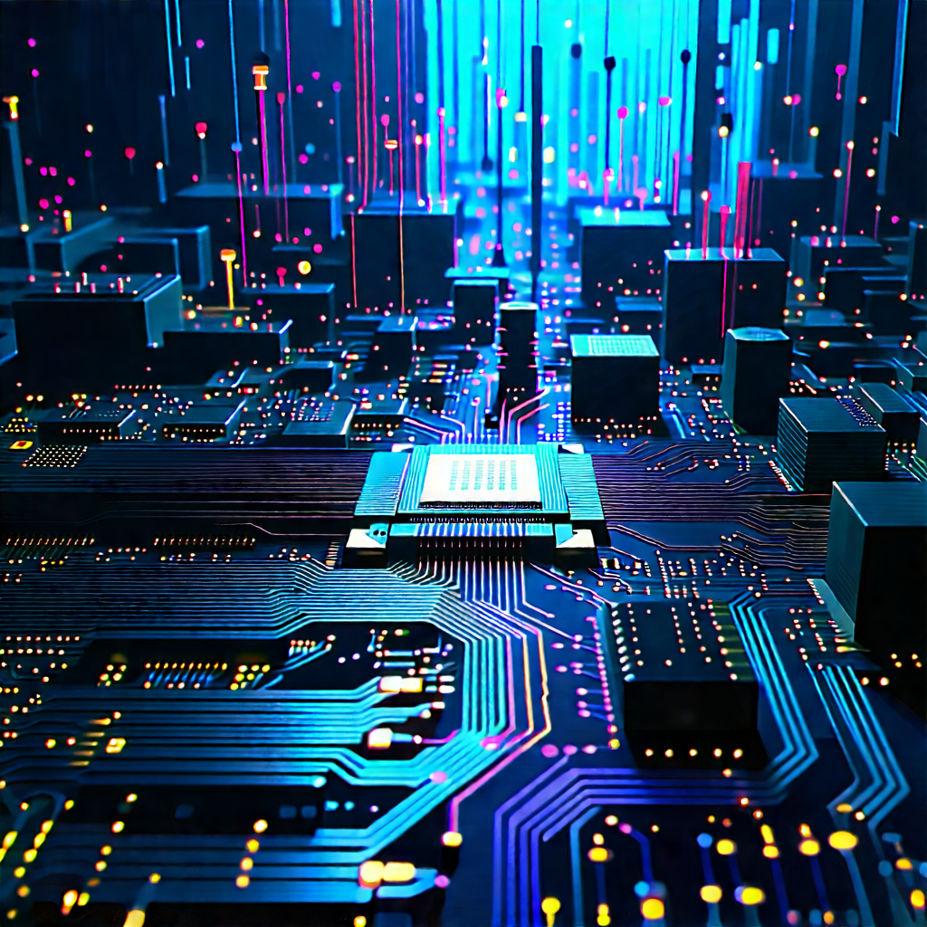 Circuit Board With Data Streams With Futuristic Cityscape