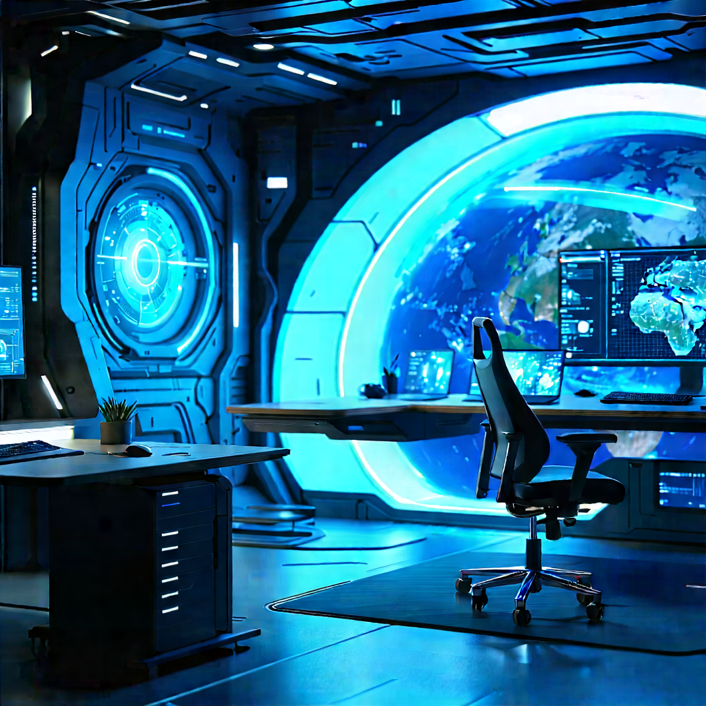 Futuristic (digital:1.26) Workspace With Futuristic Setting,