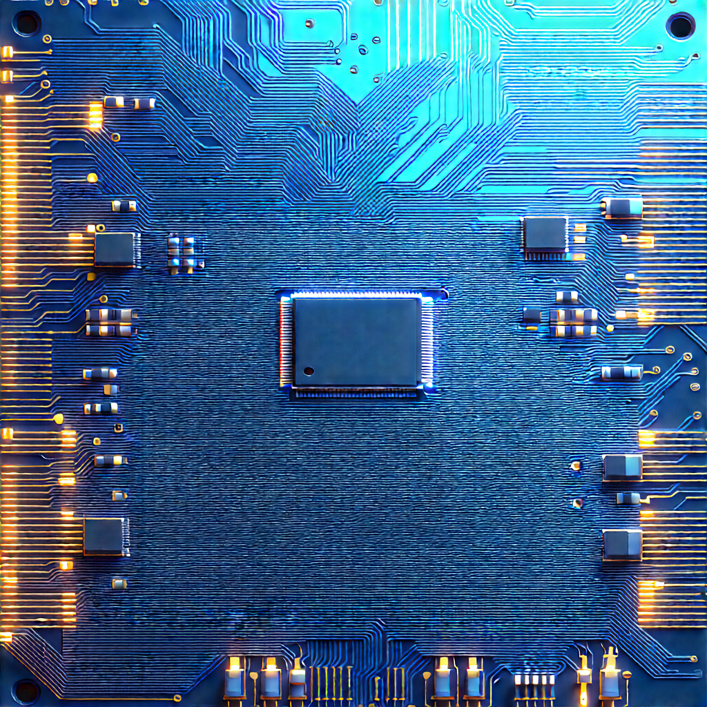 Circuit board with blue light (glow:1.18)