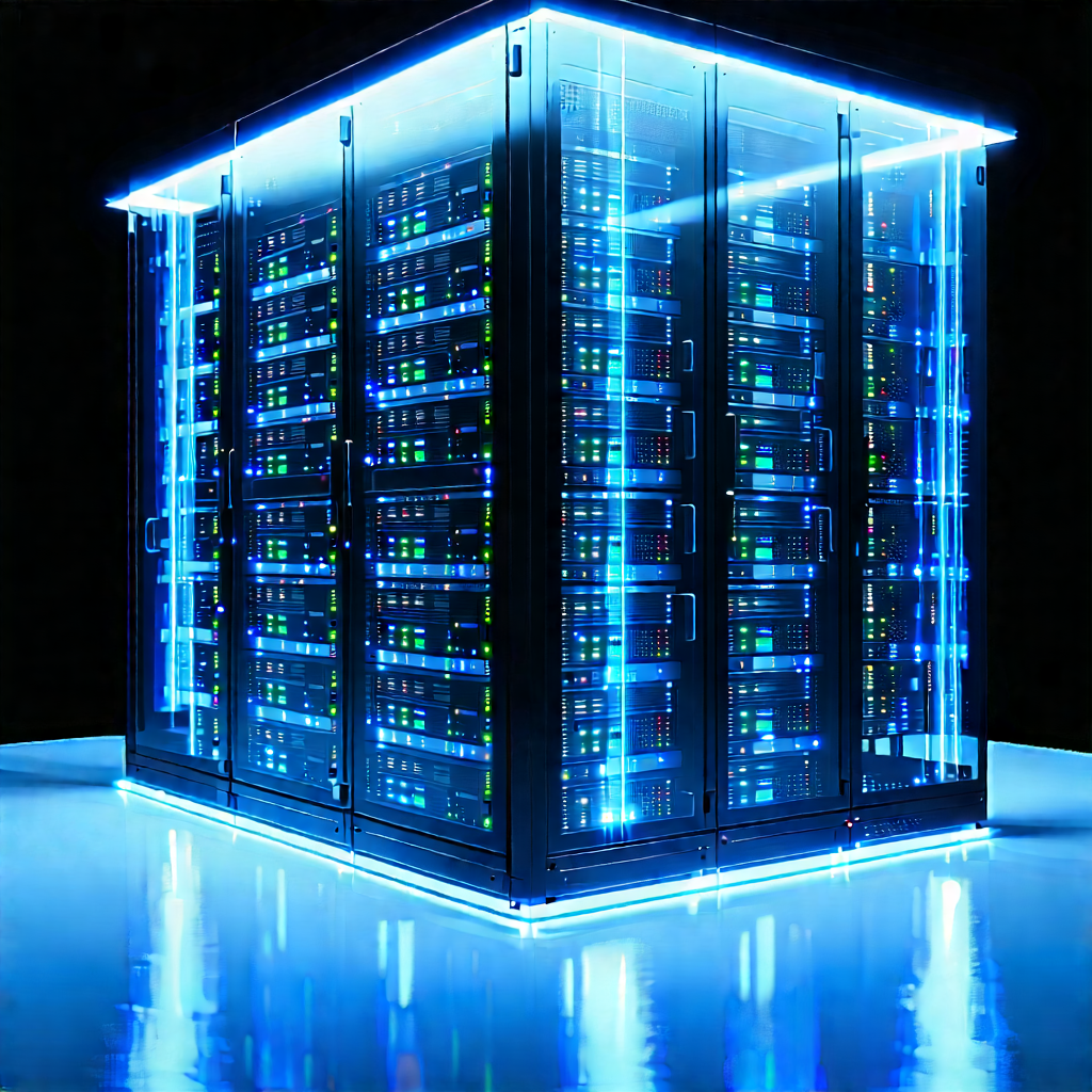 Server Rack With Holographic Projection With Large Blue