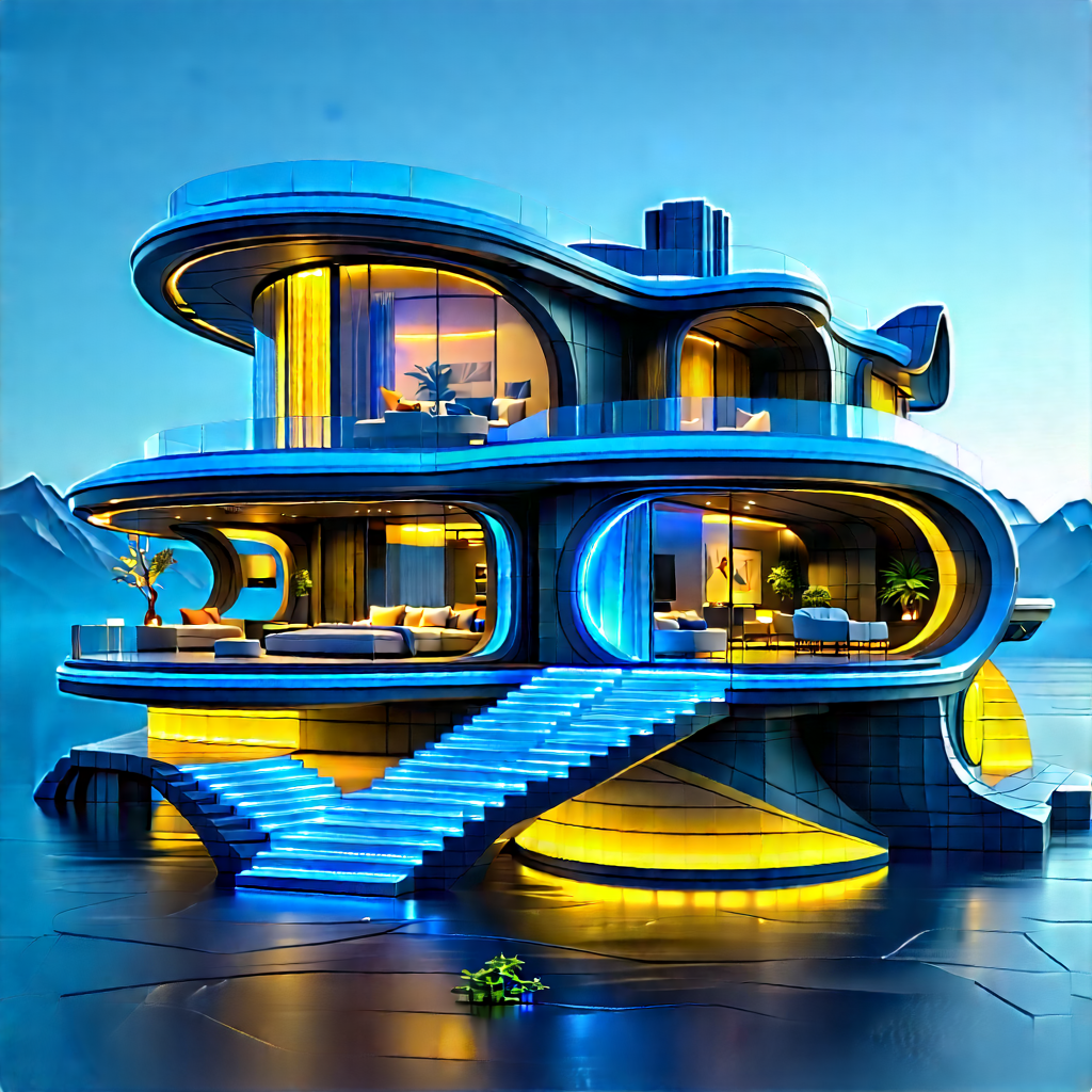 Futuristic Smart Home With Blue Yellow