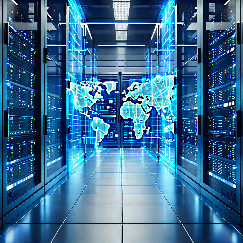 Server Rack With Data Streams With Large Computer