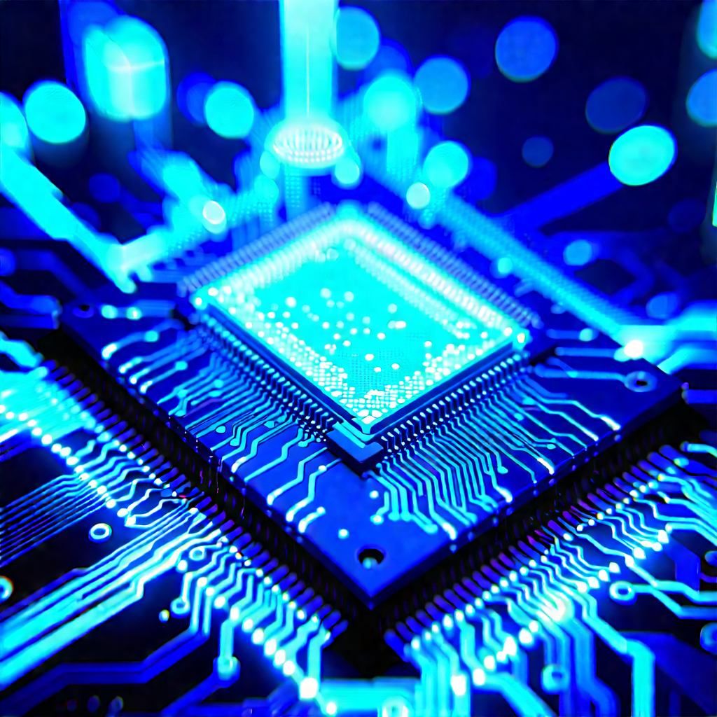 Microchip With Blue Light Glow With Close-up Computer