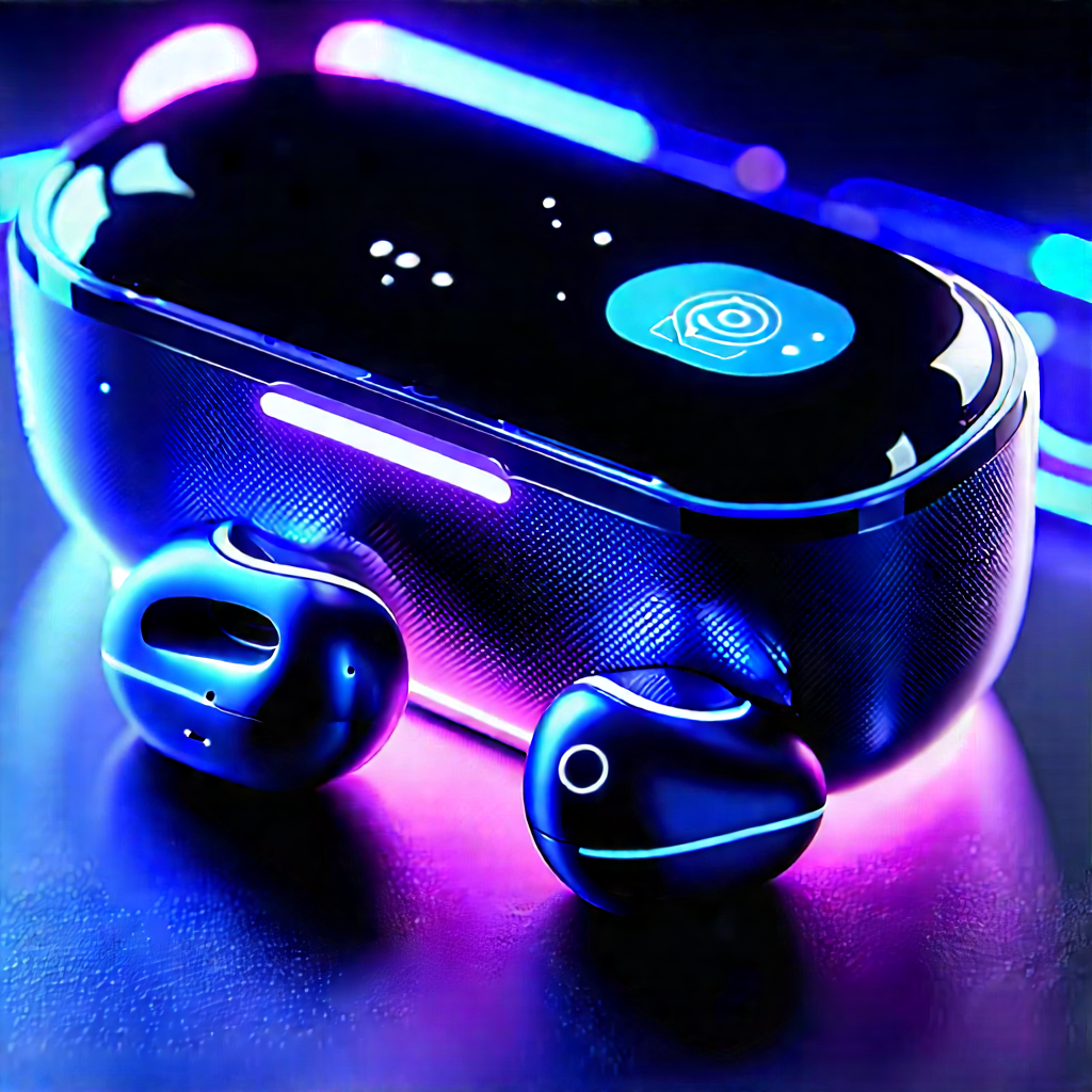Wireless Earbuds With Glowing Screen With Futuristic-looking Device