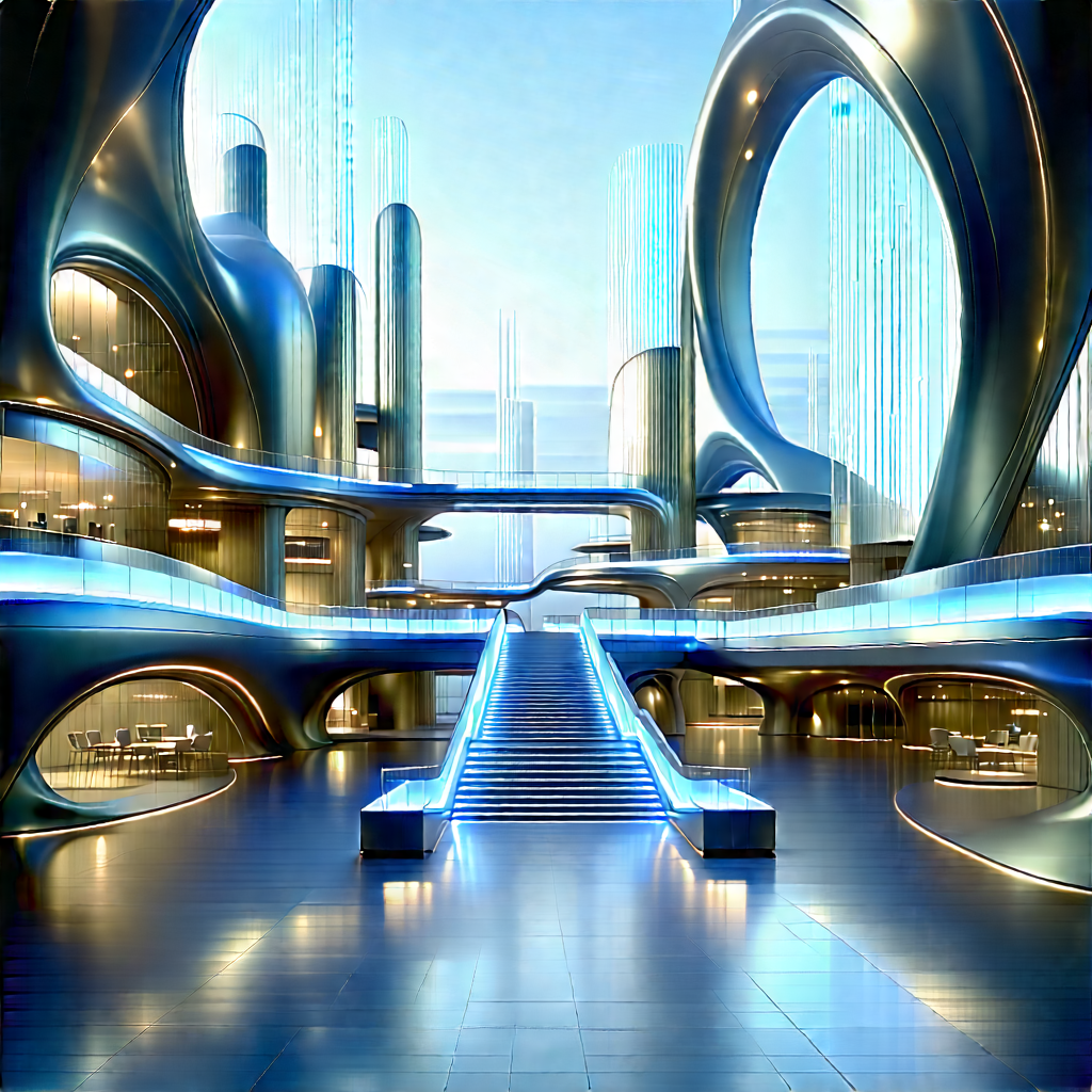 (futuristic:1.37) Innovation Hub With Futuristic Cityscape