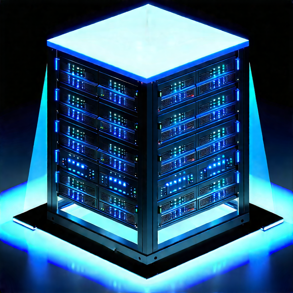 Server Rack With Holographic Projection With Large, Blue,