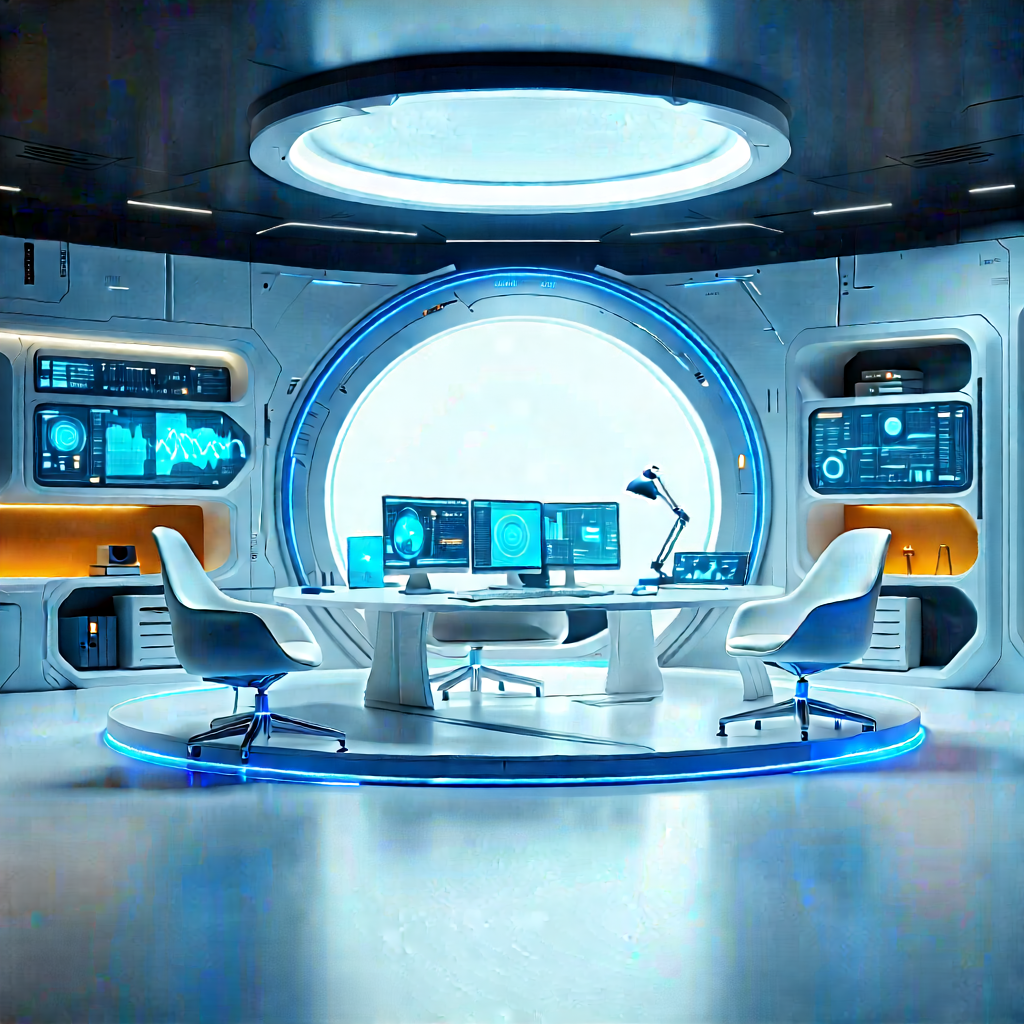(futuristic:1.29) Tech Startup Office With Futuristic Setting,