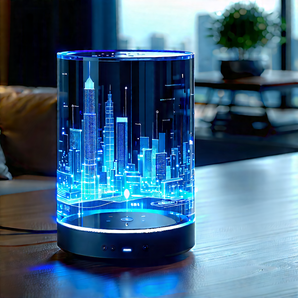 Smart Home Device With Data Visualization With Futuristic Cityscape