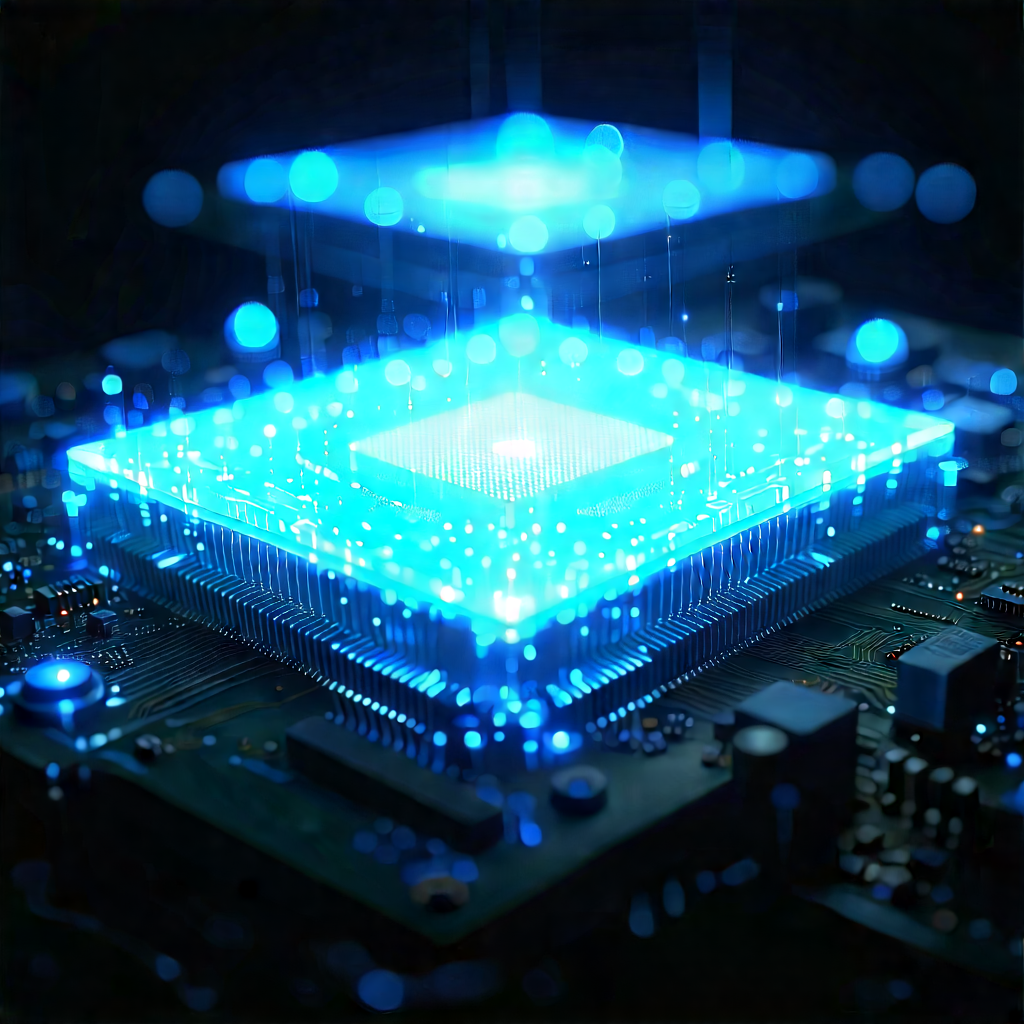 Quantum Computer With Blue Light Glow With Close-up Computer